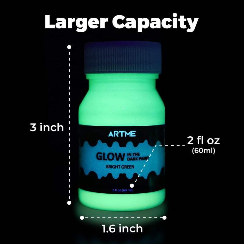 ARTME مجموعة الطلاء المتوهج Artme Glow in The Dark Paint من الألوان الخضراء والزرقاء (60 مل/2 أونصة لكل منهما) طلاء أكريليك متوهج مثالي للرسم الفني والمشروعات اليدوية لديكورات الهالوين والفنانين والطلاب البالغين - Image 5